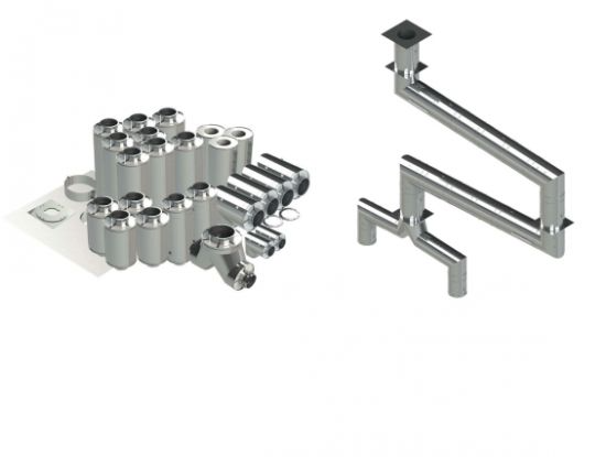 20"- Double Wall Kit, Zero Clearance, Two 14" Connections, Grease Duct, Four 90's, 50' Straight, Including No Weld Hood and Fan Connections DWNAKS-ZC-KIT18 Double Wall Kit - Straight w Pant Leg and 4 – 90's