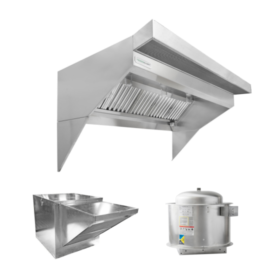 HoodMart Low Ceiling Sloped Front Restaurant Hood System w/PSP Makeup Air 13’ x 48” EXH0013LB-PSP SHOP HOODS, COMMERCIAL HOOD PACKAGES, Makeup-Air Hood Packages, Low Ceiling Sloped Front PSP, Untempered Air