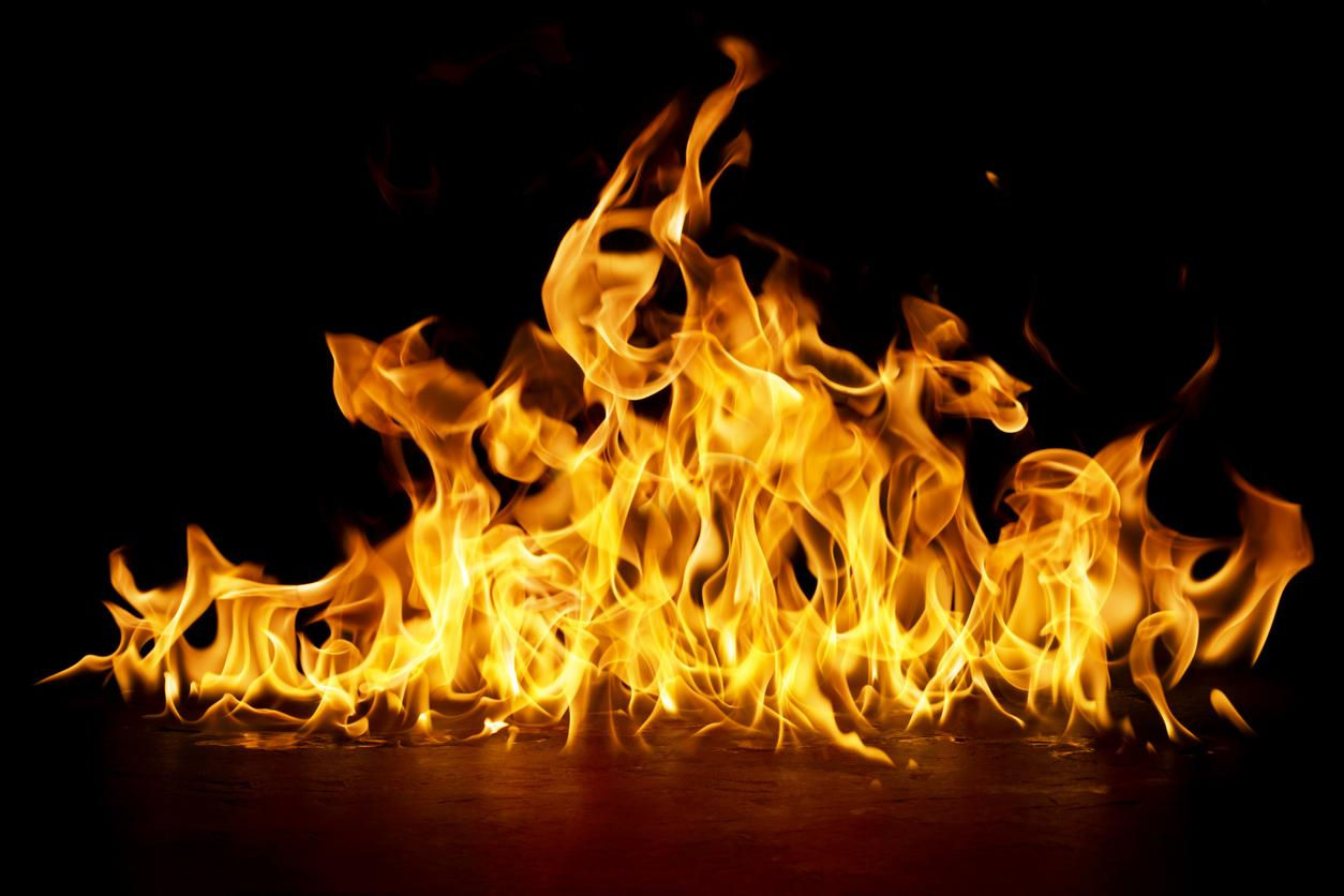 Flames against a black background offer a dramatic visualization of the importance of fire suppression. 