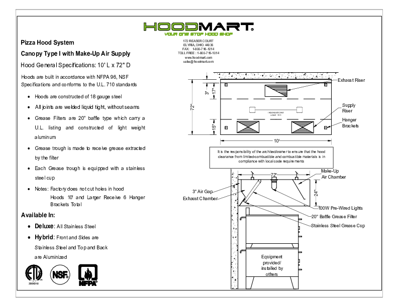 10ft x 72in Pizza Hood » Technical Specs