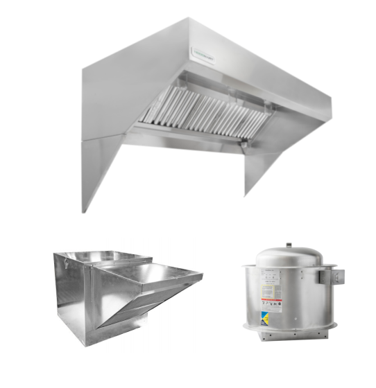 HoodMart Paquete de Campana de Dosel de Pared de Frente Inclinado para Techo Bajo con Aire de Reposición 4’ x 48” 2004LB COMPRAR, CAMPANAS COMERCIALES, Paquetes de campanas de aire de suminstro, Low Ceiling Sloped Front Short Cycle IPS