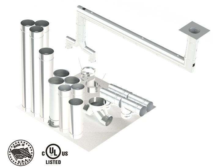 20"- Kit de Pared Simple, Dos 14" Conexiones, Ducto de Grasa, Dos Codos de 90°, 30' Recto, Incluyendo Conexiones de Campana y Ventilador Sin Soldadura SWNAKS-KIT17 COMPRAR, DUCTOS, Kits de conducto de grasa de pared simple, Kit de pared simple - Straight w / Pant Leg y 2 - 90's