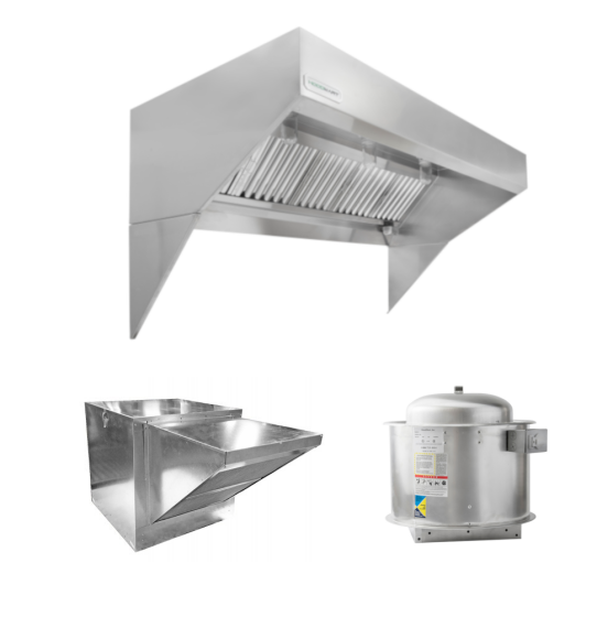 HoodMart Paquete de Campana de Dosel de Pared de Frente Inclinado para Techo Bajo con Aire de Reposición 19’ x 48” 2019LB COMPRAR, CAMPANAS COMERCIALES, Paquetes de campanas de aire de suminstro, Low Ceiling Sloped Front Short Cycle IPS