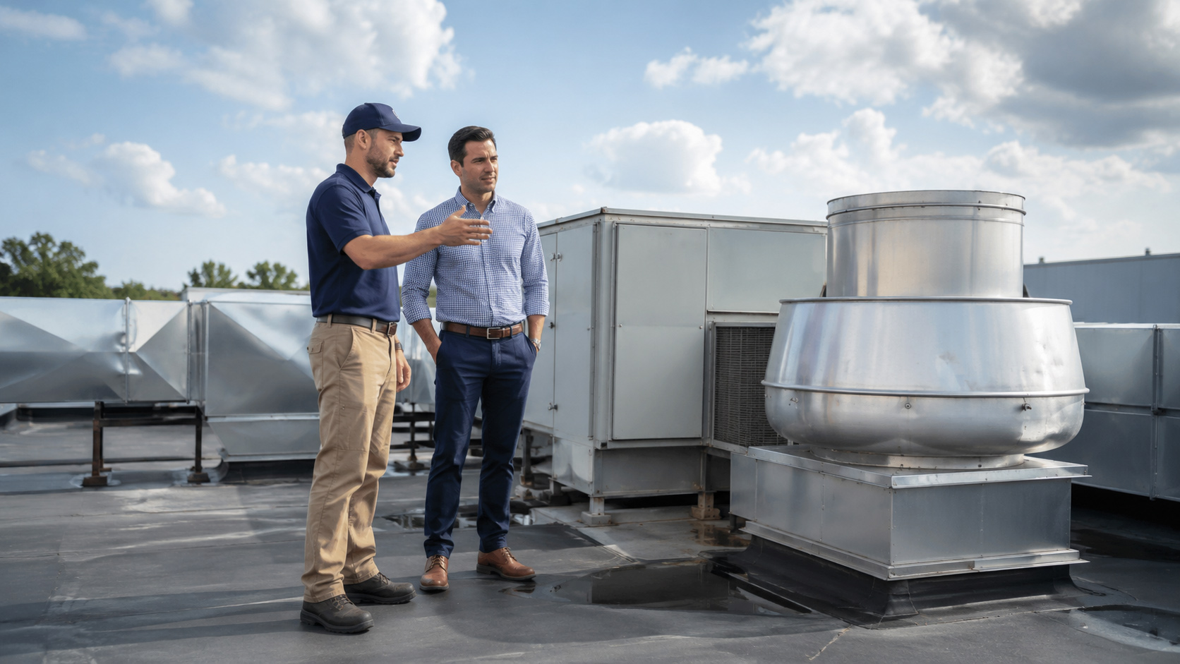 Commercial kitchen rooftop ventilation system inspection with exhaust fan and make-up air equipment
